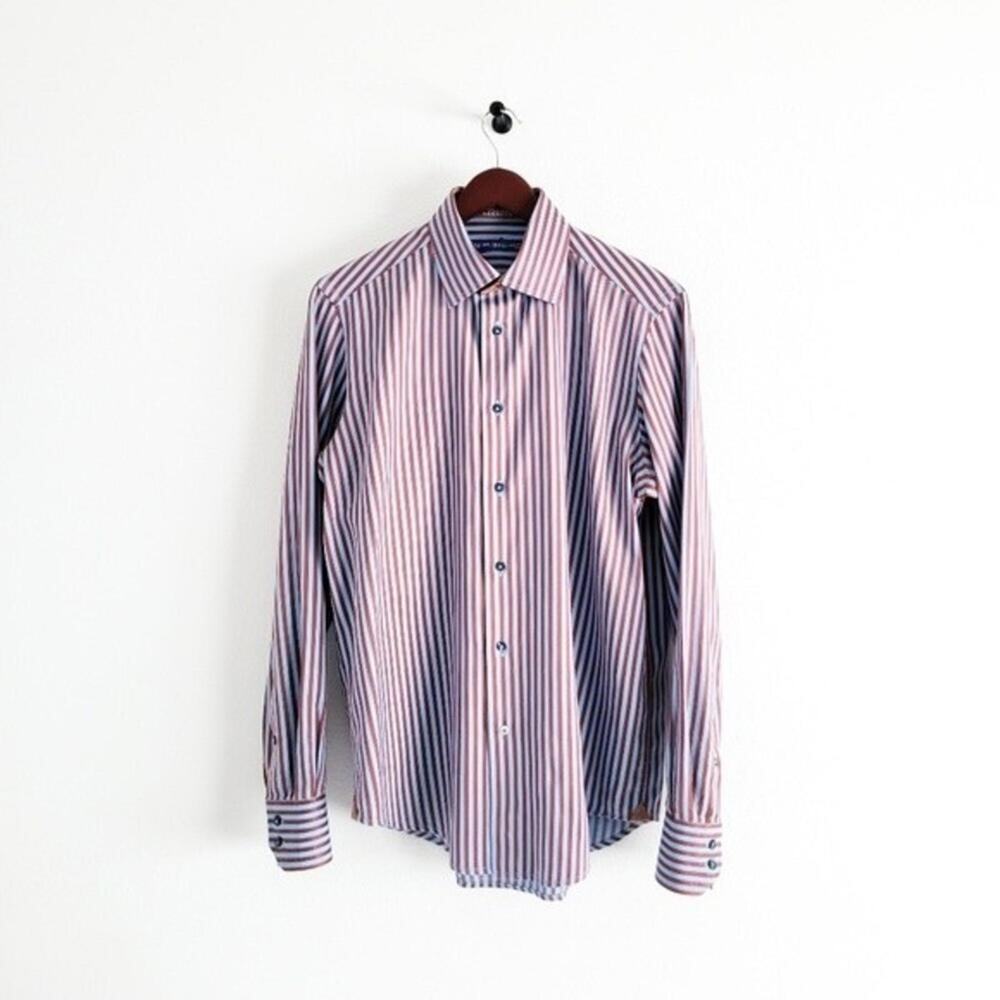 Robert Graham Shirt Twill Striped Button Up Flip Cuff Blue Brown Mens S - Picture 3 of 9